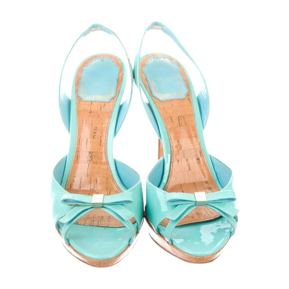 DESIGNER CHRISTIAN DIOR TEAL PATENT LEATHER CORK PLATFORM HIGH HEEL SANDALS 8.M - Picture 1 of 11